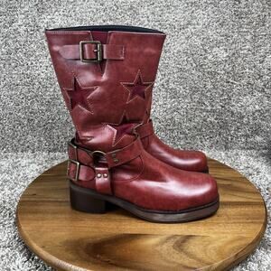 Kistania Womens Size 7 Riding Boots Red Stars Buckle Chunky Heel Cowgirl Moto